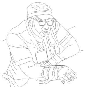 a traced outline of a man, wearing a hat and glasses.
