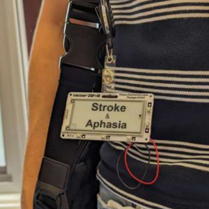 An eink badge displaying the words 'stroke and aphasia'