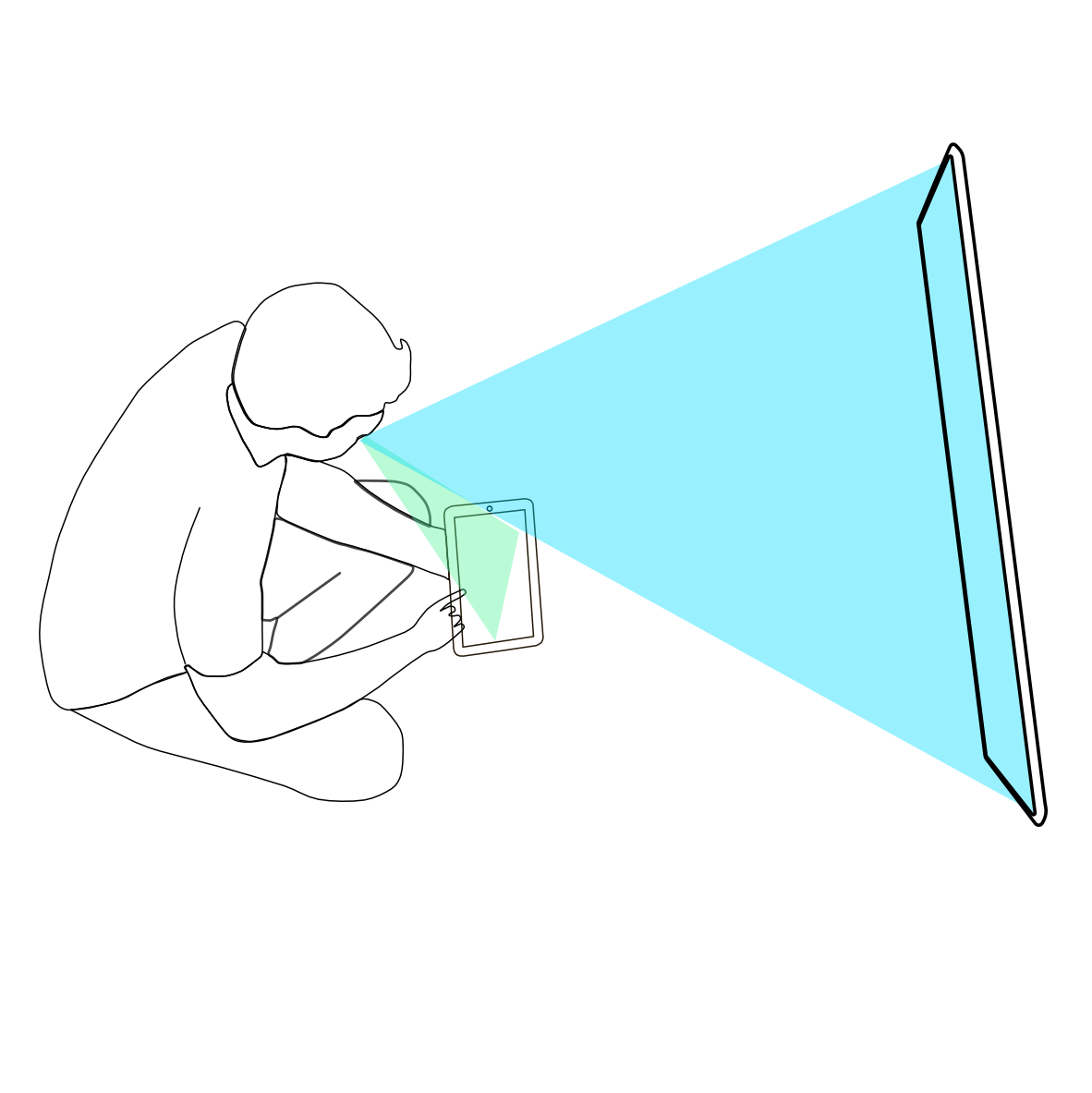 Cartoon graphic of person watching television. Coloured lines shows their gaze