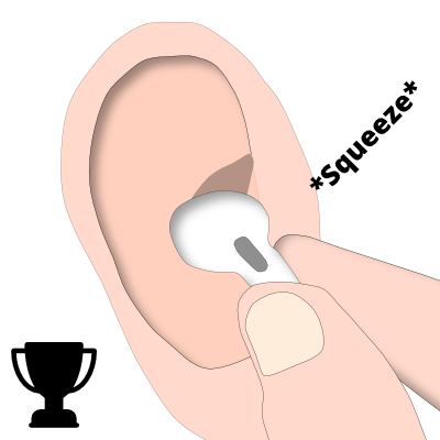 A finger squeezing an earpod, which is in the ear.