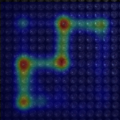 A colourful heatmap showing a simple path on top if a large array of ultrasound transducers