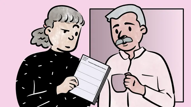 Illustration of two older people reading a Personal Independence Payment form together, one holding a mug.