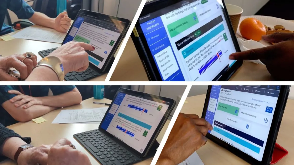 Four photos of stroke survivors using a patient portal on tablets during a workshop, pointing at screens showing their overview and risk of further stroke.
