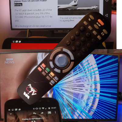 Various screens showing media, with a worn television remote over the top.
